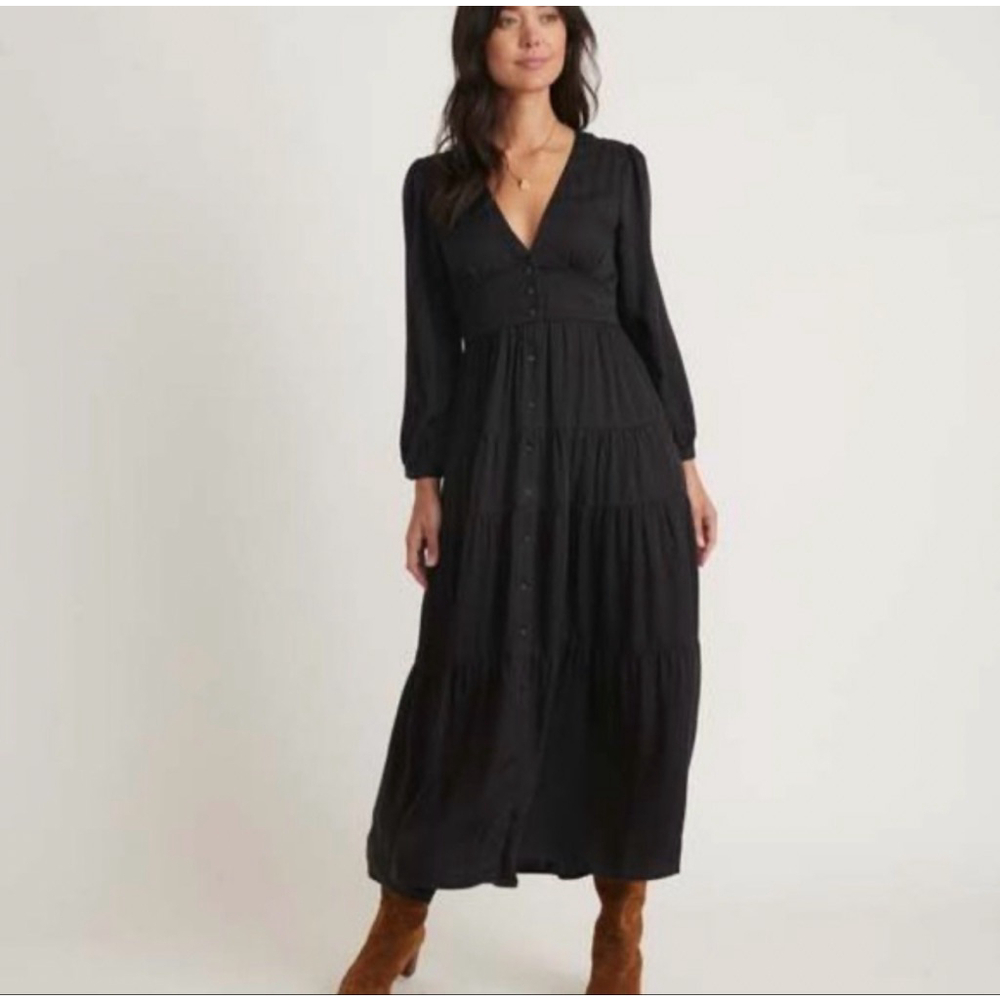 Women's MARINE LAYER Black Long Sleeve Tiered Maxi Dress XS